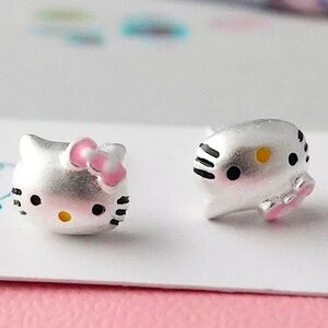 Silver Tone Silver Hello Kitty Stud Earrings Kawaii Pink Bow Sanrio Jewelry
